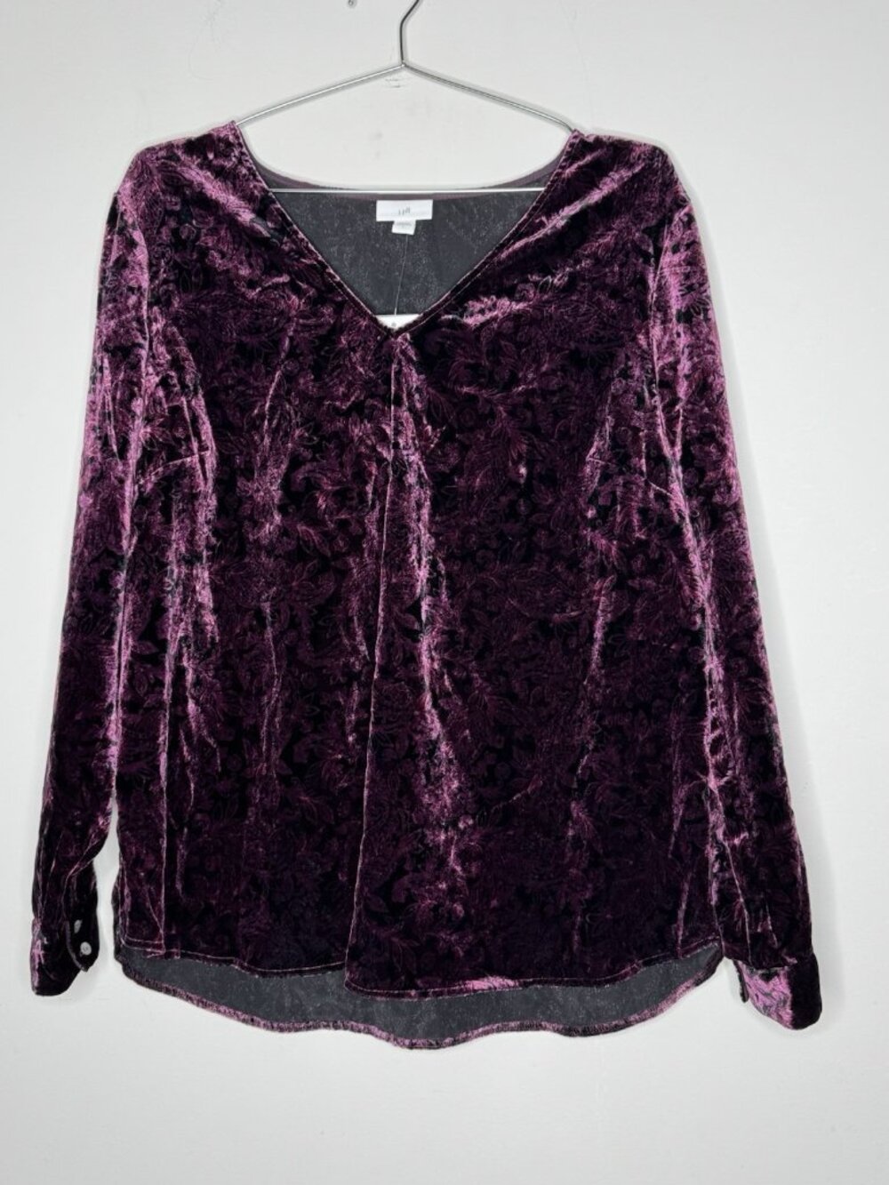 J Jill Crushed Velvet Deep Purple Paisley V-Neck L Long Sleeve Blouse Top New